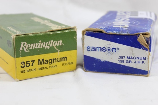 Two partial boxes of 357 Magnum. One Samson 158 gr JHP, count 39 and One Remington 158 gr FMJ,