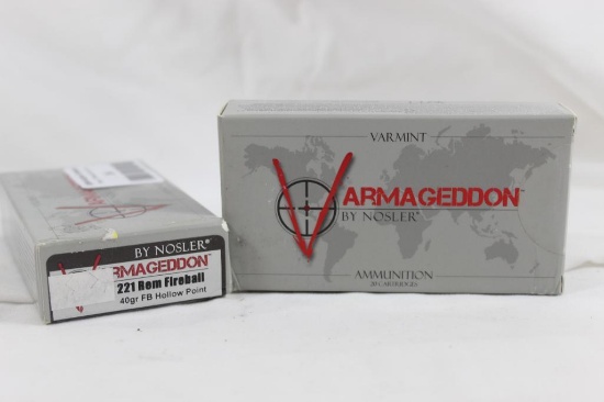 Two boxes of Nosler 40 gr "Varmageddon" 221 Remington Fireball ammunition. Count 40. New, unopened
