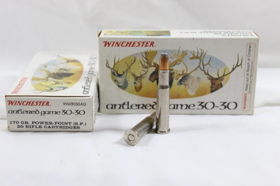 Two boxes of Winchester 170 gr "Antlered game" Powerpoint SP 30-30 ammunition. Count 40. New.