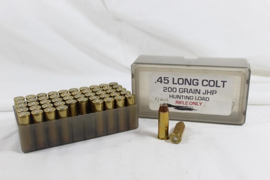 One box of custom 45 Long Colt for rifle only JHP. Count 50 in a plastic NTN ammo box.