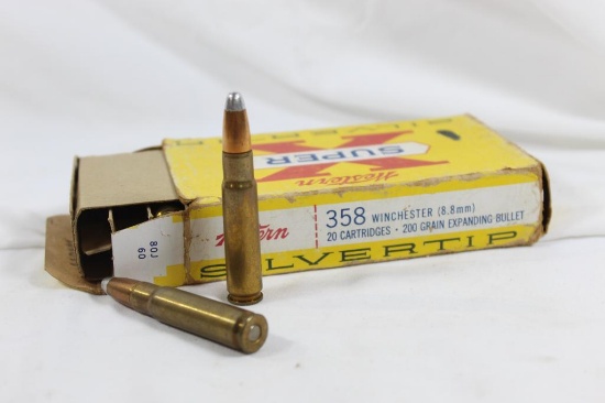 One partial box of Winchester 358 Win. 200 gr Silvertip expanding bullet. Count 19, Appear factory.