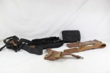 Bag of miscellaneous knife and gun holsters, leather knife sheaths and one leather saber leather