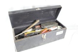 Metal tool box with miscellaneous tools. Used.