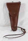 NEW leather flap holster. Appears to fit single action revolver with 5 to 6 inch barrel. No brand