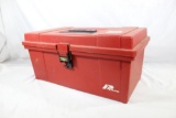 One red plastic tool box full of tools. Used.