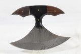 One Damascus Ullu knife with wood handle and leather sheath. Like new.