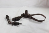 IDEAL hand reloading press with 4 dies of unknown cartridge. Antique, used with rust.