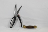 One Remington game shears and one Old Timer folding hunting knife with leather sheath. Used.