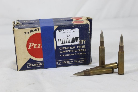 Two boxes of Peters 7mm Mauser 175 gr SP. One full and one partial. Count 30 and 10 fired cases.