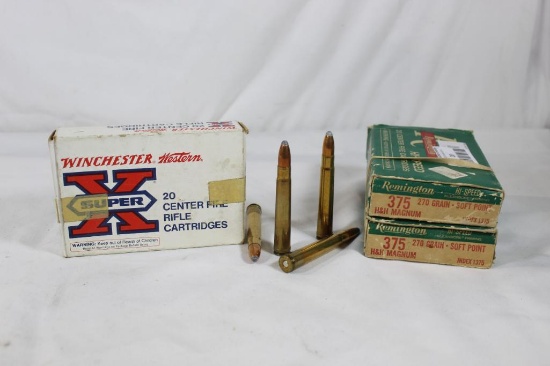 Two partial boxes of 375 H&H Mag 270 gr PSP. One Winchester, count 16 and 4 fired cases, one box of