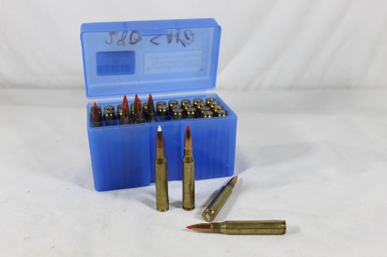 One blue plastic ammo box with 280 rem J-tipped, count 11 and 26 fired cases which are primed.