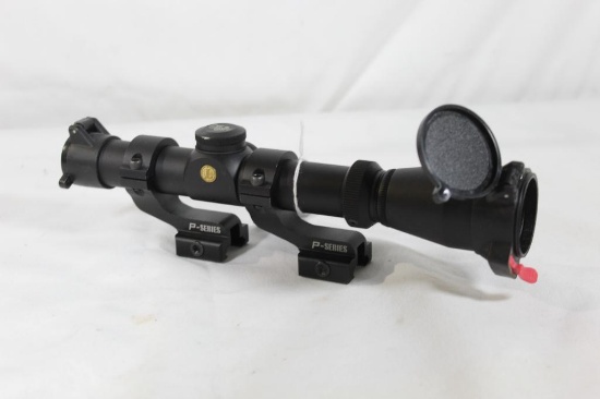 One Leupold Hog with Pig Flex crosshairs, P-Series rail mount scope rings and Butler Creek flip-up