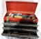 One red metal Husky three drawer tool box with wrenches, sockets and miscellaneous tools. Used.