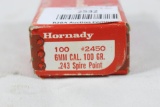 One partial box of Hornady 6mm 100 gr SP. count 18.