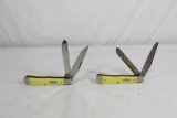 Two Case trappers with 3.25 inch blades. Synthetic yellow scales. Both used, one appears nearly new,