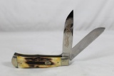 Large Moore Maker trapper with 3.75 inch blades. Model 6206LL. Main blade has liner lock. Stag