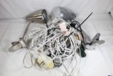 Miscellaneous electrical cords and two clamp on desk lamps. Used.