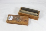 One wood box with two knife sharpening stones. Used.