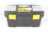 One small plastic tool box with number of bags of shirt and jean rivets.