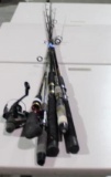 Four used spinning rods, one used spinning reel and one short handled bait casting rod. Will not