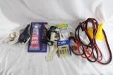 Box of miscellaneous items, glue gun, jumper cables, shoe glue, etc.