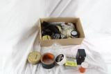 Box of miscellaneous items. Tape, leather condition, etc. Used.