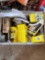 Plastic tote with miscellaneous items including pipe tape, liquid rat poison, armor all etc.