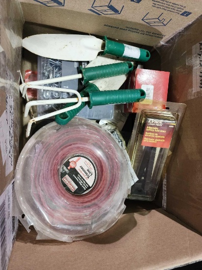 box of misc gardening tools, trimmer line, mower parts