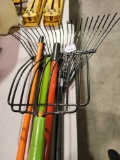 Garden/ yard tools, metal leaf rake, 2 shovels and pitch fork