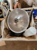 2 plastic flower pots, heat lamp, hammer and misc items