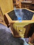 Wood Hexagon cabinet/ end table with slate top. 2 doors