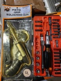 Pistol grip soldering gun new in pkg and metal box with ratchet driver set