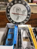 Lot of 2 replica cars and a thermometer with dog on it