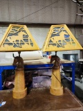 Pair of wood horse head lamps with carved wood horse shades