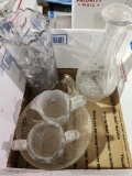 3 boxes of various crystal and glass including vases, decanters, bowls and wine glasses