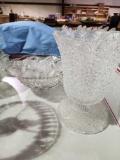 2 crystal punch bowls, one with cups, large crystal vases, crystal lamp and a serving bowl