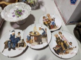 Misc glassware/ silver , set of small Norman Rockwell plates, ect