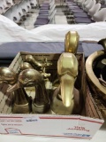 box of brass animal book ends and other brass pots...