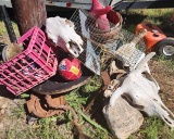 Lot of miscellaneous items including cow skulls, 2 small live traps, roping dummy steer head etc