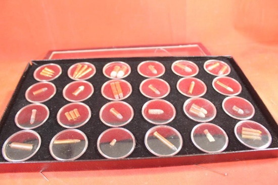Presentation case with assorted small rifle and pistol rimfire cartridges. Modern and antique. Glass