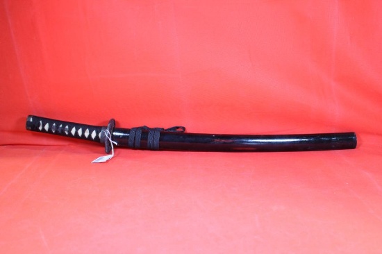 Samurai style sword with 18.5 inch blade, cord wrapped handle and wooden sheath.