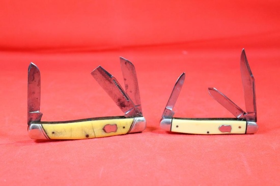 Two knives. One John Primble three blade medium stockman with yellow synthetic scales. Main blade