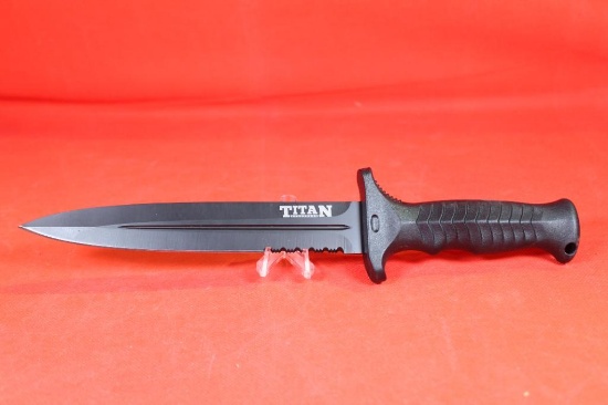 TRS Titan fixed blade knife in rigid scabbard. 12" overall length with 7.5" partially serrated blade