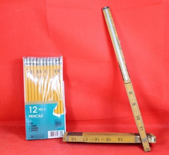 One Royal Eagle 6' old style folding ruler and two new pkgs of wood pencils