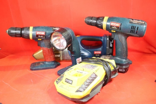 Set of Ryobi 18V cordless tools, includes two drills, flashlight, vacuum, two batteries and charger