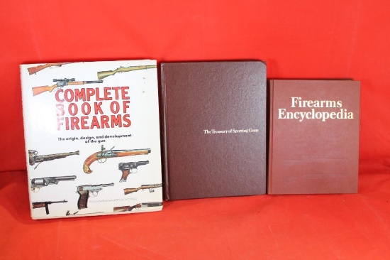 Three hardcover books. Firearms Encyclopedia, The Treasury of Sporting Arms and Complete book of