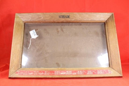 Wood framed Schrade knife display case, with metal fold out stand. Used. 22" x 14" x 3".