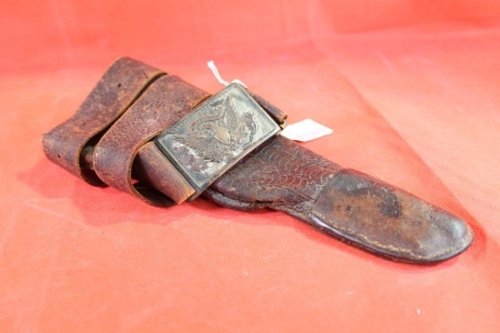 Leather belt and brass buckle, and leather holster for single action Navy or Colt Walker. Used.