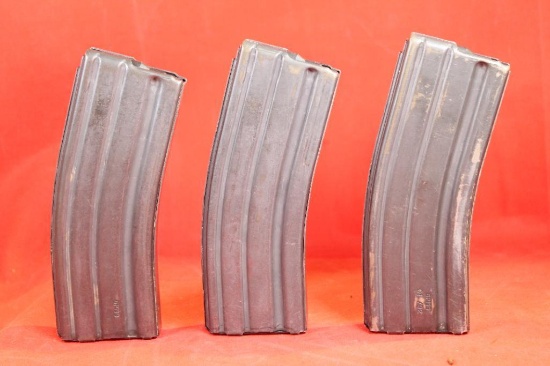 Three metal 30 round AR-15 magazines. Used in good condition.