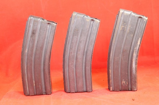 Three metal 30 round AR-15 magazines. Used in good condition.